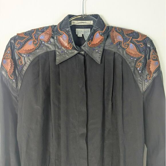 VTG Mercedes & Adrienne Black Silk Blouse Leather Stud Embellished Embroidered - Picture 7 of 12